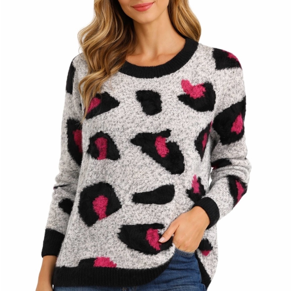Adore Fuzzy Patterned Sweater in Black and Pink